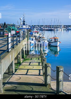 Drei kleine Fischerboote liegen aneinander in einem Hafen. Sie werden im Wasser reflektiert und im Vordergrund befindet sich ein Gehweg. Ein Yachthafen ist in Th Stockfoto