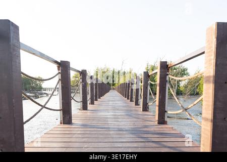 Holzsteg-Brücke durch Mangroven-Feuchtgebiete bei Ebbe. Ein landschaftlich reizvoller Weg für den Ökotourismus, wobei nachhaltige Küstenökosysteme und n hervorgehoben werden Stockfoto