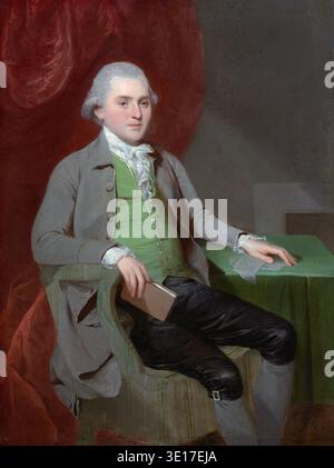 Dieses Ölgemälde aus dem 18. Jahrhundert von John Downman, wahrscheinlich aus den 1780er Jahren, zeigt einen unbekannten Mann im Sitzen, der ein Buch hält. Das Motiv ist elegant gekleidet mit einer Puderperücke, einer Rüschenkrawatte, einer grünen Weste und einem grauen Mantel, das charakteristisch für die georgianische Ära ist. Stockfoto