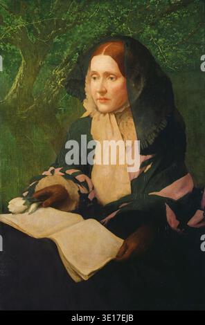 Dieses fesselnde Ölgemälde aus dem späten 19. Oder frühen 20. Jahrhundert, wahrscheinlich aus den 1890er oder 1900er Jahren, zeigt ein Porträt von Julia Ward Howe des Künstlers John Elliott. Howe wird mit einem offenen Buch und einer weißen Blume gezeigt, die eine nachdenkliche und würdevolle Präsenz vor einem grünen, natürlichen Hintergrund verkörpert. Stockfoto