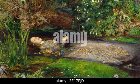John Everett Millais' ikonisches Ölgemälde „Ophelia“ aus dem Jahr 1851 zeigt das tragische Ertrinken der Figur Ophelia aus Shakespeares „Hamlet“. Dieses meisterhafte Werk präraffaelitischer Kunst fängt akribisch ihren üppigen, floralen Abstieg ins Wasser ein und betont Schönheit und Verzweiflung. Stockfoto