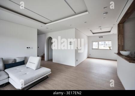 Minimales Wohnzimmer und Küche in einem offenen Wohnbereich. Stockfoto