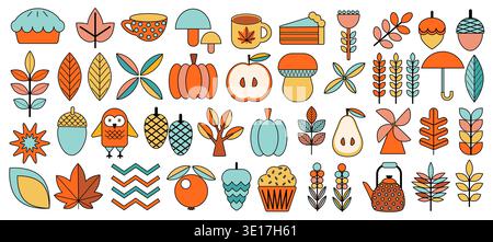Einfaches kuscheliges Herbstset. Herbst-Aufkleber geometrisch hell. Kuschelige Elemente der Herbstsaison Clipart-Set isoliert im Herbst. Abstraktes Mosaik mit Bauhaus-Muster. Stock Vektor