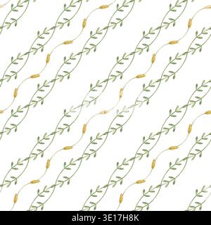 Diagonales nahtloses Muster mit miteinander verflochtenen dünnen grünen Zweigen und Grasspitzen auf isoliertem Hintergrund. Botanisches Ornament mit Blättern Stockfoto