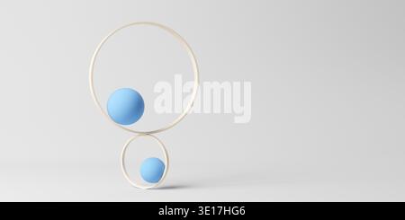 Zwei blaue Kugeln oder Kugeln balancieren in Holzringen über weißem Hintergrund, abstrakte Balance oder Stabilitätskonzept mit Kopierraum, 3D-Illustration Stockfoto