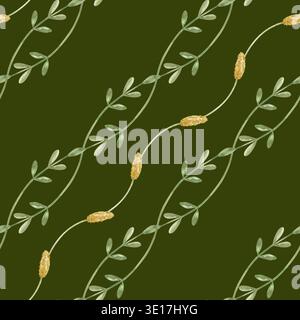 Diagonales nahtloses Muster mit miteinander verflochtenen dünnen grünen Zweigen und Grasspitzen auf dunkelgrünem Hintergrund. Botanisches Ornament mit Blättern Stockfoto