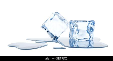 Zwei Eiswürfel auf weißem Hintergrund mit Wasserpfütze und Tropfen, 3D-Illustration Stockfoto