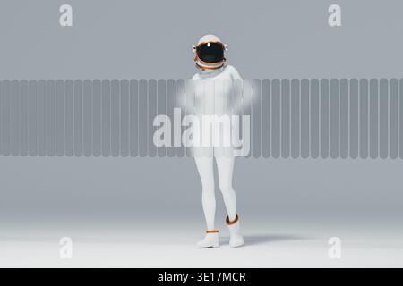 Eine Frau in einem Weltraumhelm steht hinter Milchglas in einer Weltraumumgebung. Sie hat einen fokussierten Ausdruck, während sie sich auf ihre Mission vorbereitet. Stockfoto