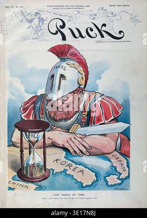 Die Abbildung zeigt Mars, den römischen Kriegsgott, der darauf wartet, dass die Protokolle aufgestellt und die japanische Besetzung von 'Korea' vor dem Sand abgeschlossen werden, in einem Sanduhrwechsel von 'Frieden' zu 'Krieg'; 'China' sitzt leise auf der linken Seite. Stockfoto