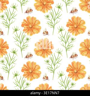 Nahtloses Aquarellmuster mit wilden orangen Blumen und Bienen. Handgezeichnetes Blumenmuster im Sommer. Hintergrund für Textilien, Tapeten und Geschenkpapier. Honigbienen auf einer Blumenwiese. Stockfoto