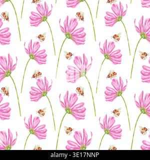 Nahtloses Aquarellmuster mit wilden rosa Blumen und fliegenden Bienen. Botanisches Muster für Stoffe, Geschenkpapier, Tapeten und Dekor im Sommer. Blumenmuster im Sommer mit Hummeln. Stockfoto