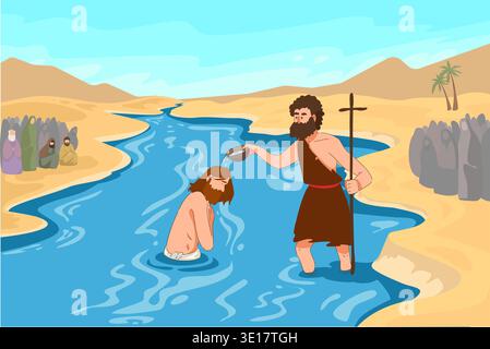 Wassertaufenszene. Die Heilige Taufzeremonie Findet Am Riverbank Statt, Wo Die Kongregation Versammelt Ist Stockfoto