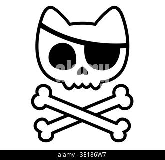 Niedlicher Karikaturkatzenschädel mit Piratenauge und gekreuzten Knochen. Einfache Comic-Stil Vektor-ClipArt Illustration. Stock Vektor