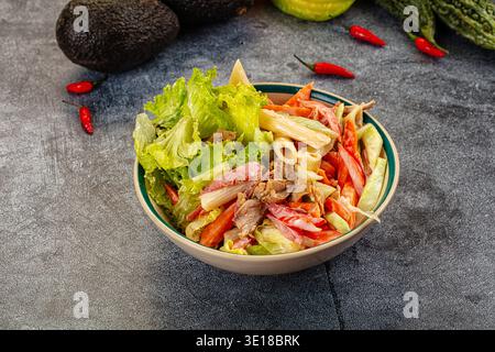 Appetitlicher Nudelsalat mit Thunfisch und Gemüse in einer cremigen Sauce. Die Top-Down-Ansicht auf dunklem Hintergrund hebt frische rote, grüne und beige Farben hervor. P Stockfoto