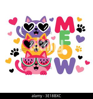 Niedliche Kawaii Gestapelte Katzen - Bunte Meow Kitty Typografie Stock Vektor