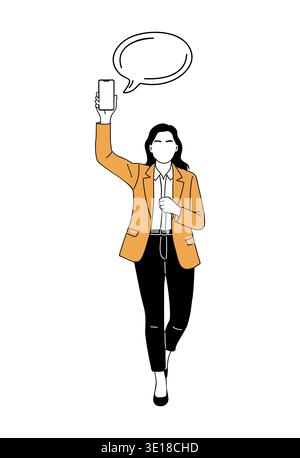 Frau in orangefarbenem Blazer hält das Telefon hoch Stock Vektor