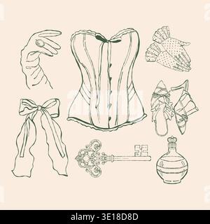 Ein Set Vintage-Accessoires für Damen. Korsett, Handschuhe, Schleifen, Parfüm, Schlüssel, Schuhe. Eine Sammlung von Illustrationen im Rokoko- und Barockstil. Historisches Damenkostüm. Vektorkontur Clipart in Grün. Stock Vektor