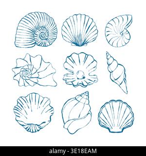 Muscheln kritzeln handgezeichnete Vektorillustrationen in blauer Farbe. Verschiedene Schalen. Verschiedene Formen. Modischer Stil. Sommer, Urlaub, Meer, Strandkonzept. Handgezeichnete trendige Vektor-Illustration. Isolierte Konstruktionselemente Stock Vektor