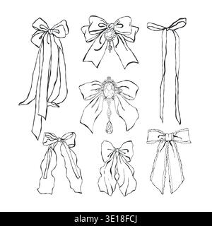 Ein Set mit Schleifen im Vintage-Stil. Abbildungen von schwarzen Schleifenbögen im Umrissvektor. Vektorgrafik im Rokoko-, Barock- und viktorianischen Stil. Designelemente für Hochzeiten, Geburtstage, Valentinstag, Ostern und Partys. Stock Vektor