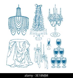 Ein Set Clipart für ein romantisches Abendessen. Tisch, Kristallleuchter, Glasturm, Kerzen, Kandelaber, Bögen und Kuchen. Handgezeichneter Doodle-Stil. Illustration der Vektorkontur in Blau. Stock Vektor