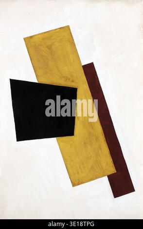 Dieses abstrakte Kunstwerk mit dem Titel „Komposition“ wurde von Liubov Sergeievna Popova in den 1910er Jahren gemalt Das Stück zeigt geometrische Formen in Senfgelb, tiefburgunderrot und schwarz, die dynamisch vor weißem Hintergrund angeordnet sind, was auf ihren konstruktivistischen und suprematistischen Stil hinweist. Stockfoto