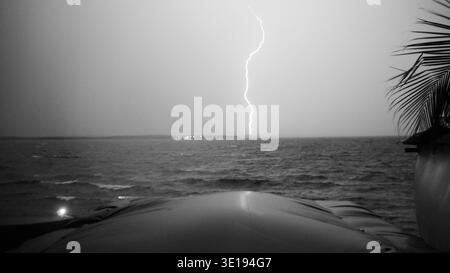Dramatisches Schwarzweiß-Foto eines Blitzes, der während eines Sturms über den Horizont des Ozeans schlägt, von einem Aussichtspunkt an der Küste mit Palmen aus gesehen Stockfoto