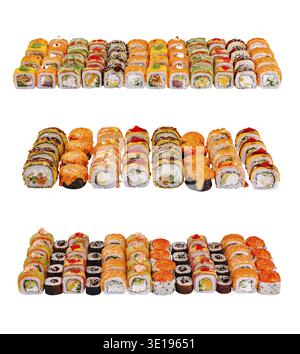Große Auswahl an Sushi-Brötchen, die japanische Küche auf weißem Hintergrund präsentieren Stockfoto