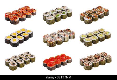 Neun Sets köstlicher Maki werden auf weißem Hintergrund präsentiert und zeigen die Vielfalt der Toppings und Aromen der japanischen Küche Stockfoto