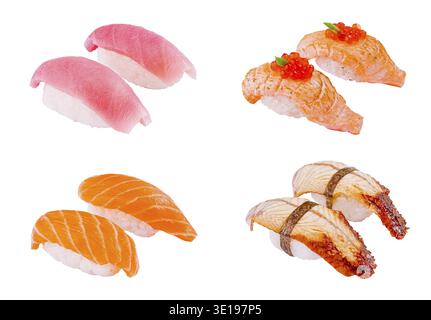 Eine Auswahl an köstlichen Sushi-Stücken, darunter Lachs, Thunfisch und Aal-Sashimi Stockfoto