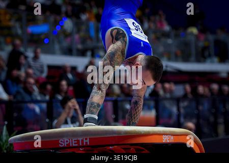 Biella, Italien 14. März 2026, Biella Forum: 96 BARTOLINI NICOLA A.S.D. GINN.pro PATRIA tritt im Tresorapparat während der 2. Etappe der Serie A1 Kunstturnmeisterschaft 2026 Biella Forum, 14. März 2026 in Biella, Italien, an. Stockfoto