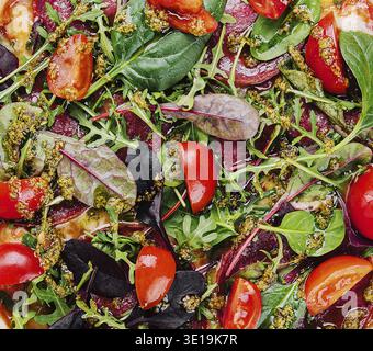 Pizza von oben mit Salami, Tomaten und Basilikum mit Rucola aus nächster Nähe Stockfoto