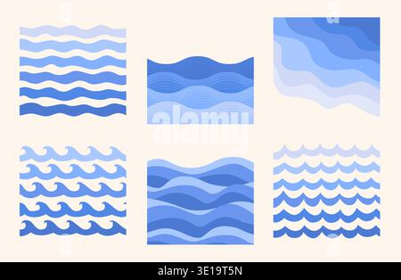 Legen Sie Vorlagen für stilisierte Meereswellen fest.Dekorative Elemente-flache Wellenlinien mit fließender Bewegung.Wassermuster Set. Sommer Meer Textilien, Marine oder Strand Stoff. Ozean oder Meer Thema Hintergrund Designs.Vektor Stock Vektor