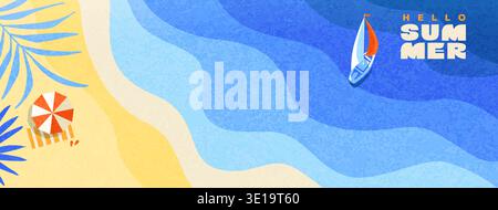 Strukturiertes Grußbanner für den Sommer. Welliges Meer, Strand mit Sand, Yacht für tollen Urlaub. Happy Summer Motto. Helles positives Vibe-Design. Vorlage für Verkauf, Poster, Cover, Anzeigen. Vektorabbildung. Stock Vektor