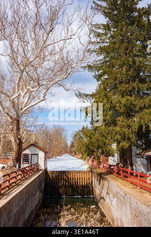 Ein schneebedeckter Kanal und eine blattlose Birke leuchten an einem kalten Wintertag im Sonnenlicht über einem Schleppweg und dem Delaware Canal Trail. Stockfoto