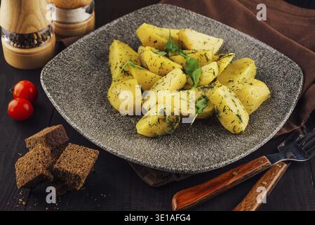 Gebackene Kartoffelscheiben mit Dill und Kräutern auf grauer Platte auf dunklem Holztisch Stockfoto