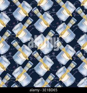 Nahtloses Zeichnen mit Farbdosen, Pinseln und Flecken blauer Farbe auf blauem Hintergrund. Aquarellabbildung mit Arbeitswerkzeugen für Reparaturen Stockfoto