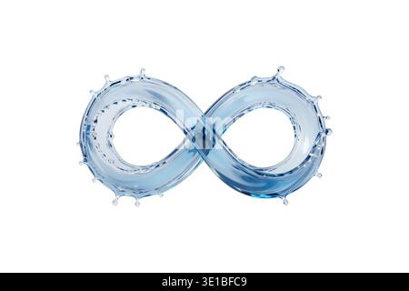 3D-Rendering eines dynamischen Wasserspritzers in Form einer Infinity-Schleife, das hyperrealistische Flüssigphysik und Bewegung zeigt. Stockfoto