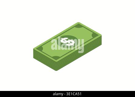 Flache Vektorillustration eines Stapels grüner Dollarscheine in einer einfachen isometrischen Ansicht, mit einem Dollarzeichen-Symbol auf der oberen Scheine. Stock Vektor