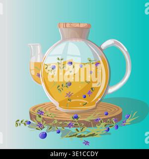 Schöner erfrischender gelber Beerentee in einer klaren Teekanne mit Kork. Vektor-Illustration Banner Glasgefäß mit hellem Tee mit Beeren, Heidelbeerblätter. Transparente Teekanne auf Holztablett. Teeblätter und getrocknete Beeren sind verstreut. Stock Vektor
