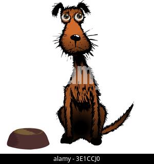 Hundefigur, Die Klagend Neben Leerer Platte Aussieht. Vektorabbildung transparenter Hintergrund. Falscher, ungepflegter, dünner Hund wartet auf den Besitzer. Stock Vektor