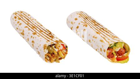 Zwei geschmackvolle Wraps sitzen nebeneinander und präsentieren farbenfrohe Füllungen aus Fleisch, Gemüse und Saucen, perfekt für eine schnelle und zufriedenstellende Mahlzeit Stockfoto