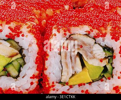 Lebendiges Set aus kalifornischen Brötchen mit Tobiko, Krabben, Avocado und Gurken aus nächster Nähe Stockfoto