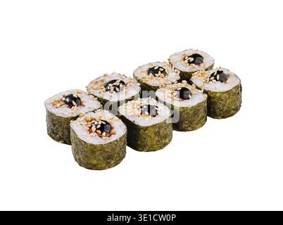 Sushi-Brötchen mit Unagi-Sauce und Sesamsamen auf weißem Hintergrund Stockfoto
