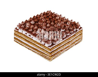 Mehrschichtiger Tiramisu-Kuchen mit Kakaopulver auf weißem Hintergrund Stockfoto