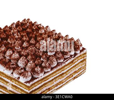 Mehrschichtiger Tiramisu-Kuchen mit Kakaopulver auf weißem Hintergrund Stockfoto