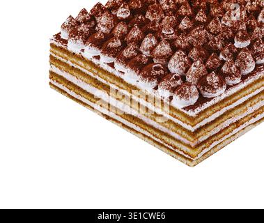 Mehrschichtiger Tiramisu-Kuchen mit Kakaopulver auf weißem Hintergrund Stockfoto