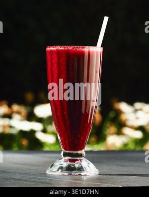 Roter Smoothie glänzt in hohem Glas, Strohhalm zum Schlucken. Weiche Bokeh-Blüten verschwimmen hinter dem Getränk und deuten auf Garten oder Terrasse hin. Das Sonnenlicht leuchtet Stockfoto