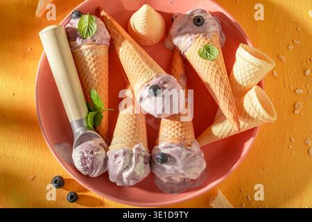 Hausgemachtes und köstliches Heidelbeereis mit Obst und Sahne. Eis aus Sahne und Heidelbeeren. Stockfoto
