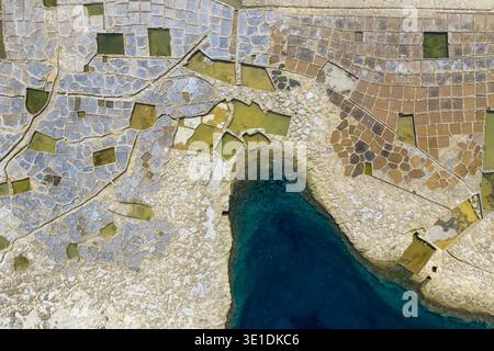 Blick aus der Vogelperspektive auf die Salinen an der Küste und ein dunkelblaues Gezeitenbecken, das in Kalksteinküste in der Nähe von Zebbug, Malta, geschnitten ist und geometrische Becken und zerklüftetes Gestein zeigt Stockfoto