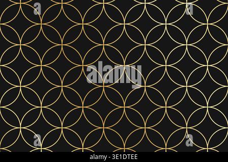 Art-Deco- oder Boho-Muster mit wiederholten überlappenden goldenen runden Formen auf schwarzem Hintergrund. Luxuriöses geometrisches Muster. Elegante, minimalistische Tapete. Goldenes abstraktes Premium-Ornament. Vektorabbildung. Stock Vektor